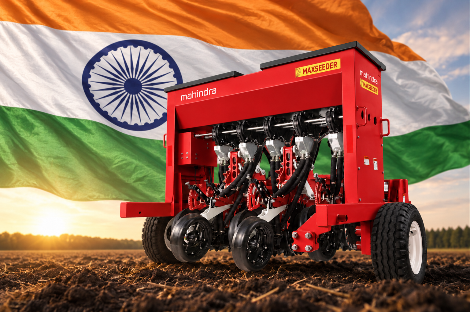 Red Mahindra MAXSEEDER in a field with the Indian flag behind it